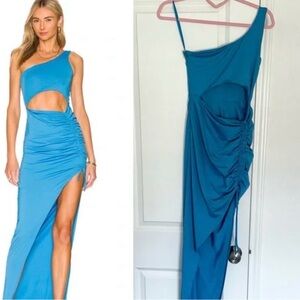 Blue One-Shoulder Superdown Cutout Ruched Maxi Dress
